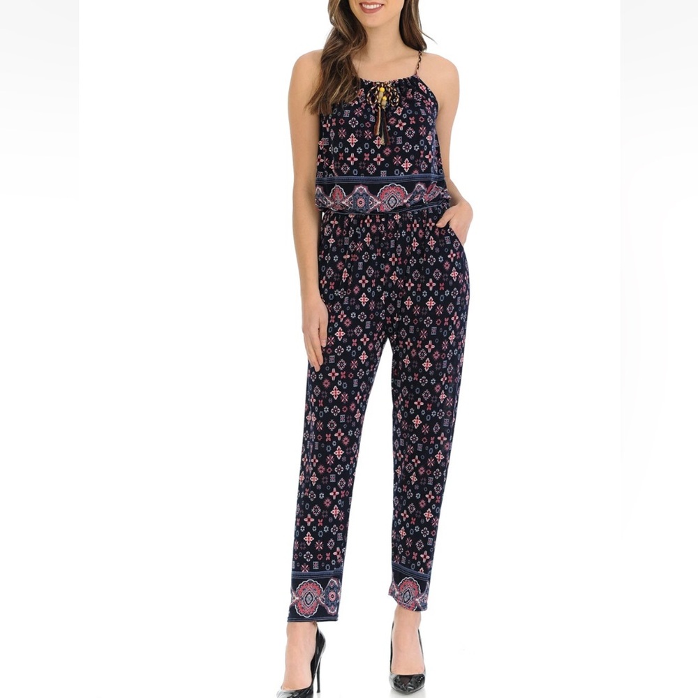 Navy Blue Print Keyhole Neck Silky Jumpsuit, Size S\M